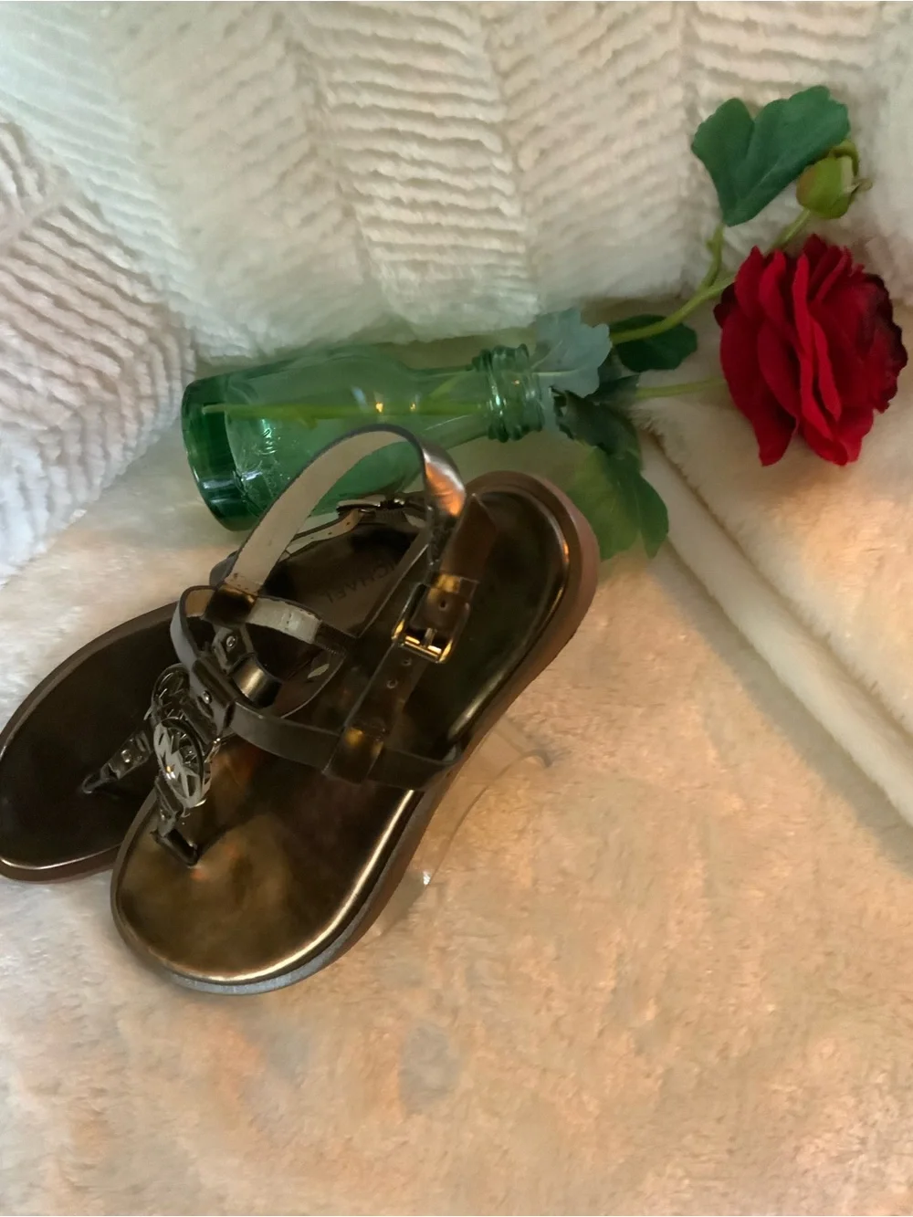 Michael Kors Metallic Brown Logo T-Strap Sandals